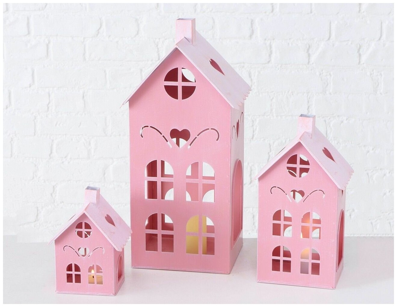 Подсвечники-домики металлические, розовые, комплект - 3 домика, 15-40 см, Boltze