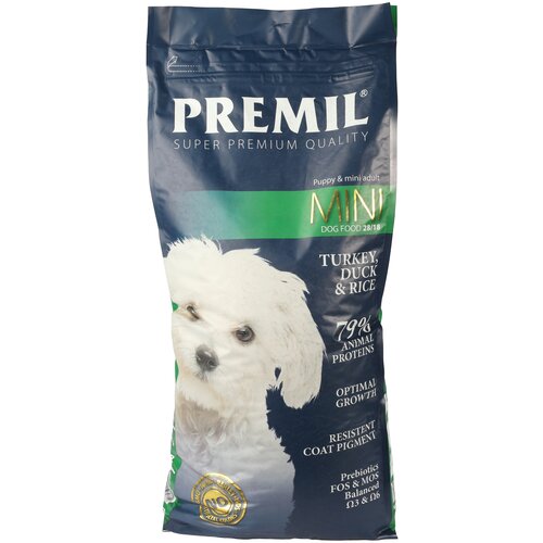 Полнорационный сухой корм PREMIL Mini для щенков и молодых собак малых и средних пород , для взрослых собак малых пород и величины 15 кг