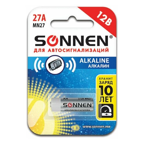 Батарейка SONNEN Alkaline, 27А (MN27), алкалиновая, для сигнализаций, 1 шт, в блистере, 451976