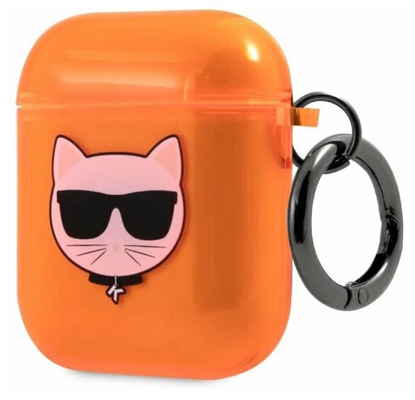 Lagerfeld для Airpods 1/2 чехол TPU FLUO with ring Choupette Transp Orange