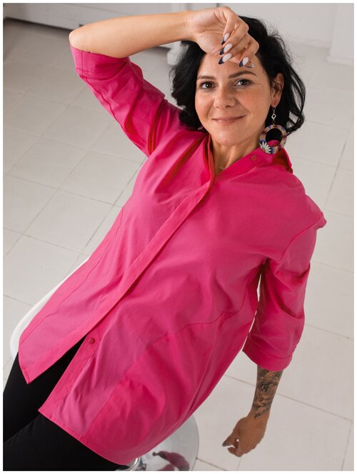 Рубашка  ANNA FREZA, повседневный стиль, оверсайз, укороченный рукав, карманы, манжеты, однотонная, размер 52, розовый