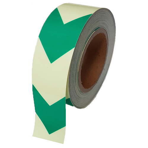 Фотолюминесцентная лента Glow Tape WITH GREEN ARROWS, неабразивная, размер 50мм х 18.3м, цвет Салатовый/Елочка, SAFETYSTEP