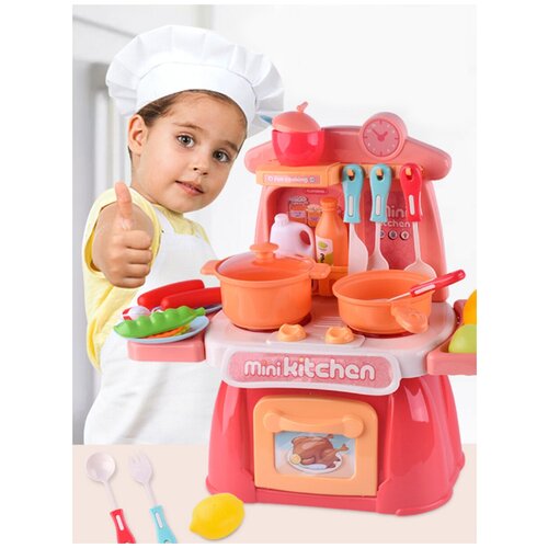 Интерактивная детская кухня, многофункциональный игрушечный гарнитур с набором посуды и продуктами, 30см, 26 предметов, синий