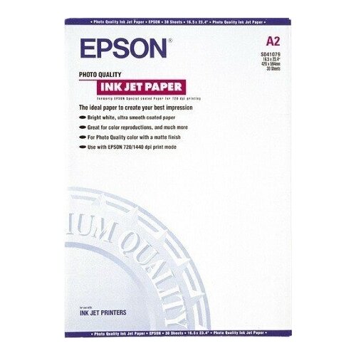 Фотобумага А2 EPSON Photo Quality Ink Jet Paper 41079 матовая, ярко-белая, ультрагладкая поверхность, 102 г/м2, 30 листов, подходит для струйной печати бизнес-графики, презентаций, постеров (C13S041079) 400036 фотобумага epson value glossy photo paper a4 50 листов 183 г м2