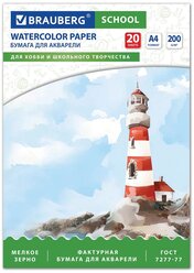 Бумага в папке для акварели для рисования художественная А4, 20 л., 200 г/м2, индивидуальная упаковка, Brauberg School, 114301