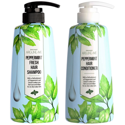 Комплект 2: Шампунь + Кондиционер для жирных волос Welcos Around me peppermint Hair Shampoo + Conditioner, 500 мл + 500 мл