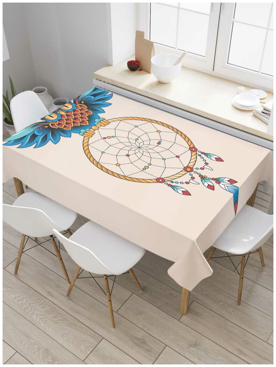 Скатерть прямоугольная JoyArty на кухонный стол "Ловец снов с совой" из оксфорда, 120x145 см
