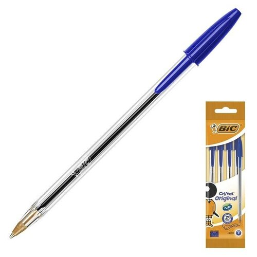 Ручка шариковая, синяя, среднее письмо, прозрачный корпус, BIC Cristal Original