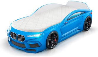 Кровать детская машина Romack Romeo голубая с подсветкой фар, ящиком для белья типа книжка, объемными колесами, эко матрас 70*170