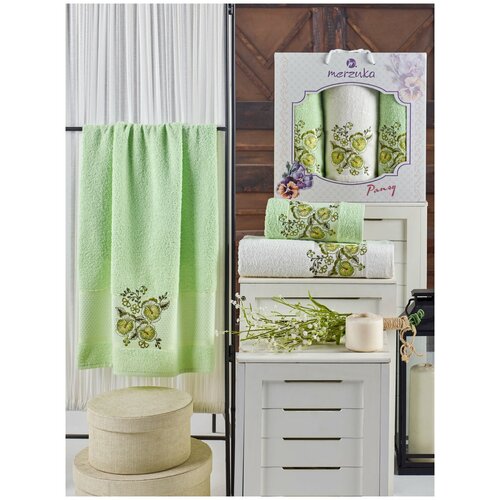 фото Подарочный набор полотенец для ванной 50х90(2), 70х140(1) merzuka pansy хлопковая махра фисташковый merzuka (турция)