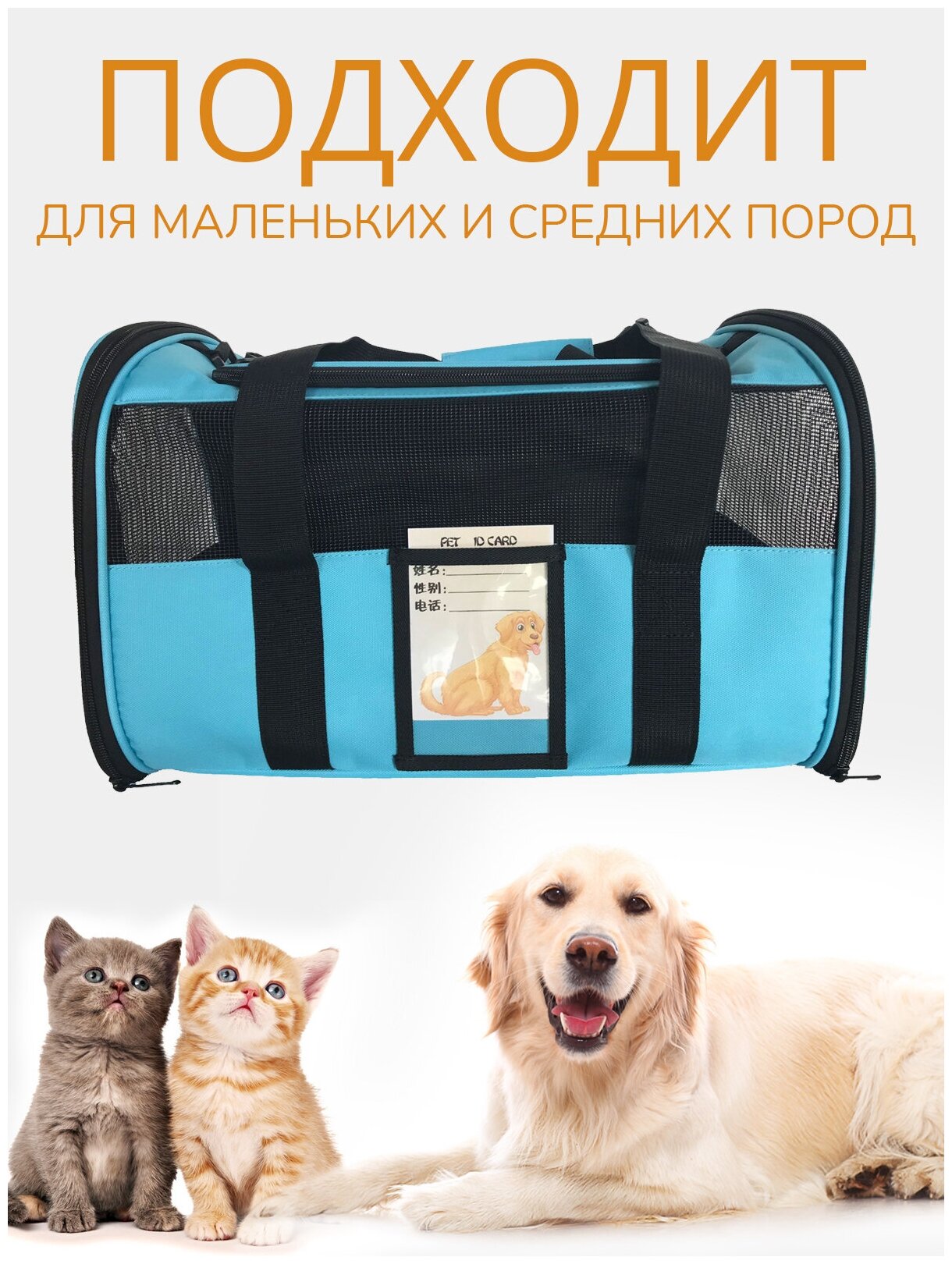 Переноска для животных ZES, сетчатая сумка для переноски кошек и собак мелких пород, размер 45х28х28, голубого цвета - фотография № 3