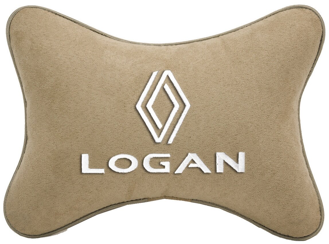 Автомобильная подушка на подголовник алькантара Beige с логотипом автомобиля RENAULT LOGAN