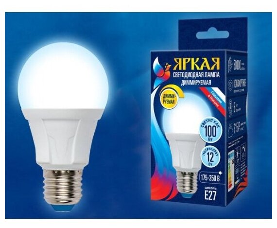 Светодиодная лампа Uniel LED-A60 12W/6500K/E27/FR/DIM PLP01WH диммируемая. Форма «А», матовая. Серия Яркая. Дневной свет (6500K). Картон. ТМ .