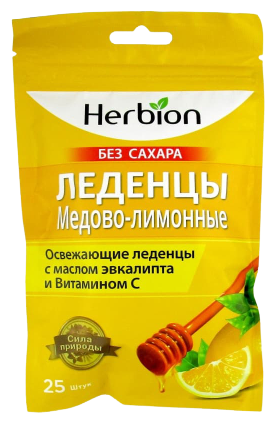 Herbion леденцы (без сахара), 25 шт., лимон+мед