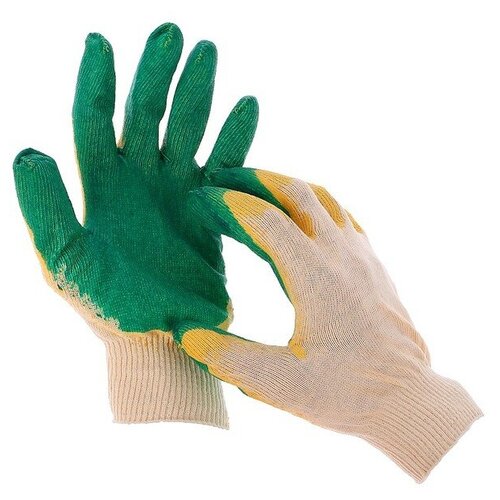 Перчатки, х/б, вязка 13 класс, размер 9, двойной латексный облив, зелёные перчатки двойной облив