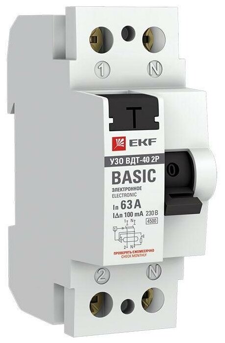 Выключатель дифференциального тока (УЗО) 2п 63А 100мА тип AC электрон.Basic elcb-2-63-100e-sim EKF (6шт)
