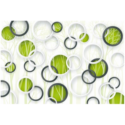 Фотообои Природа 3D белые и черные круги на бело-зеленом фоне деревьев/ На стену в интерьер комнаты 3Д/ На кухню в спальню гостиную прихожую/ 400х270