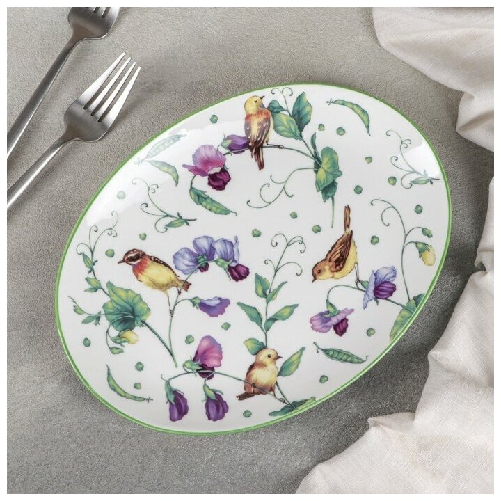 Блюдо сервировочное Доляна «Зелёный сад», 25×18,5 см, цвет белый, фарфоровое