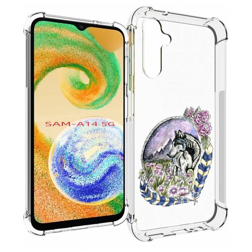 Чехол MyPads нарисованный волк в цветах с перьями для Samsung Galaxy A14 4G/ 5G задняя-панель-накладка-бампер