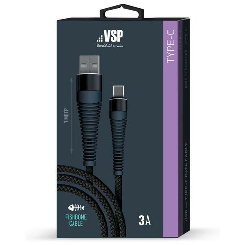 Дата-кабель Fishbone USB - Type-C, 3А, 1м, черный дата кабель с нейлоновой оплёткой satechi usb c 2 м фиолетовый purple
