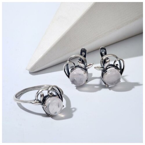 фото Жемчужина гарнитур посеребрение 2 предмета: серьги, кольцо, анфиде "кварц розовый", 19 размер