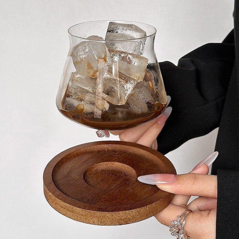 Clear Cold Drink Glass Cup, 350ml (1 pc per pack, Cup with Wooden Coaster)