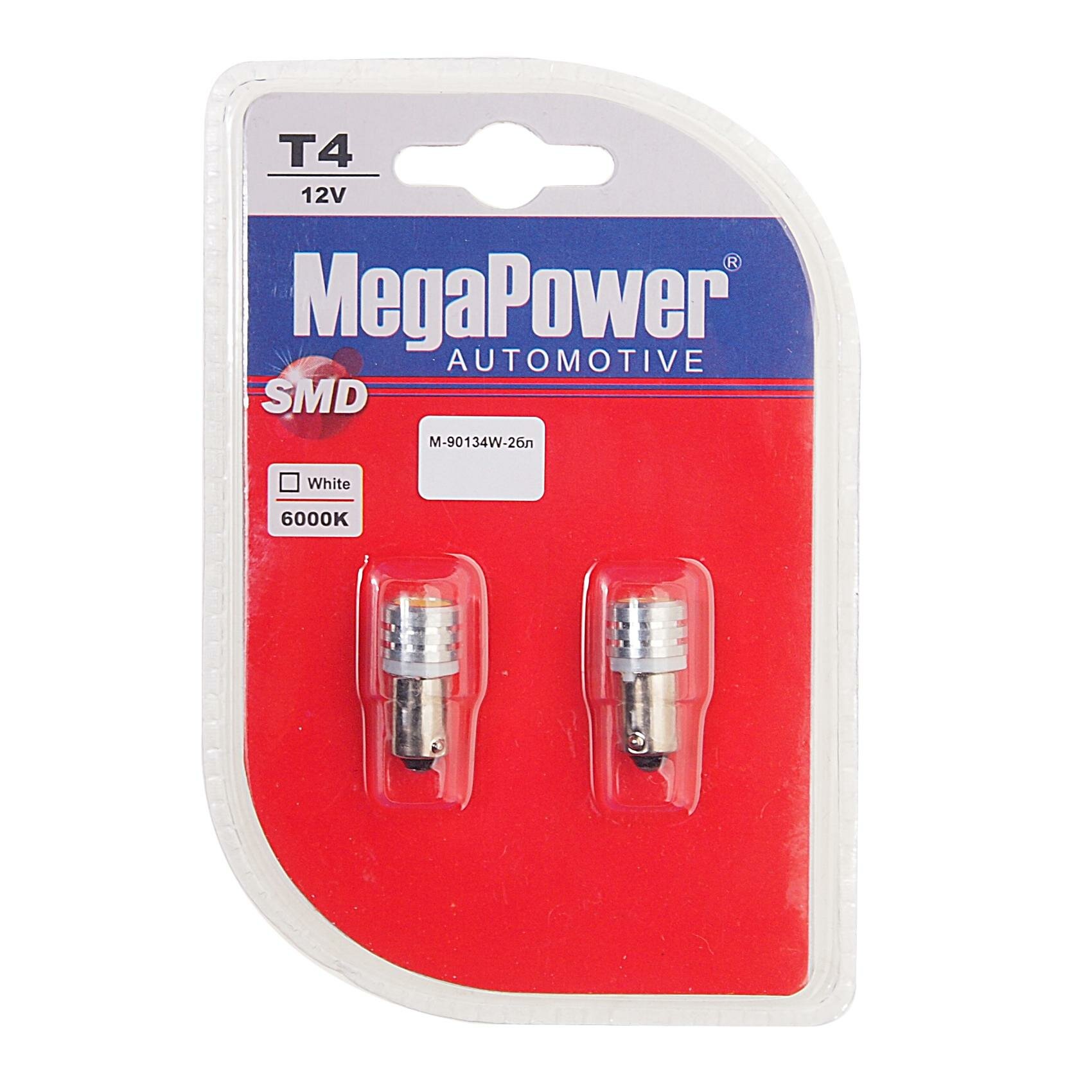 Автолампа T4W (BA9s) 1 SMD 7080 WHITE блистер (2 шт) 6000K 60лм 12V MEGAPOWER