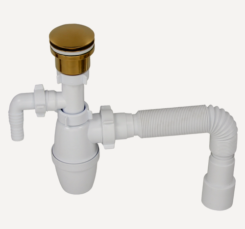 Изображение товара Сифон для раковины с отводом для стиральной машины и универсальный донный клапан золотой КН097