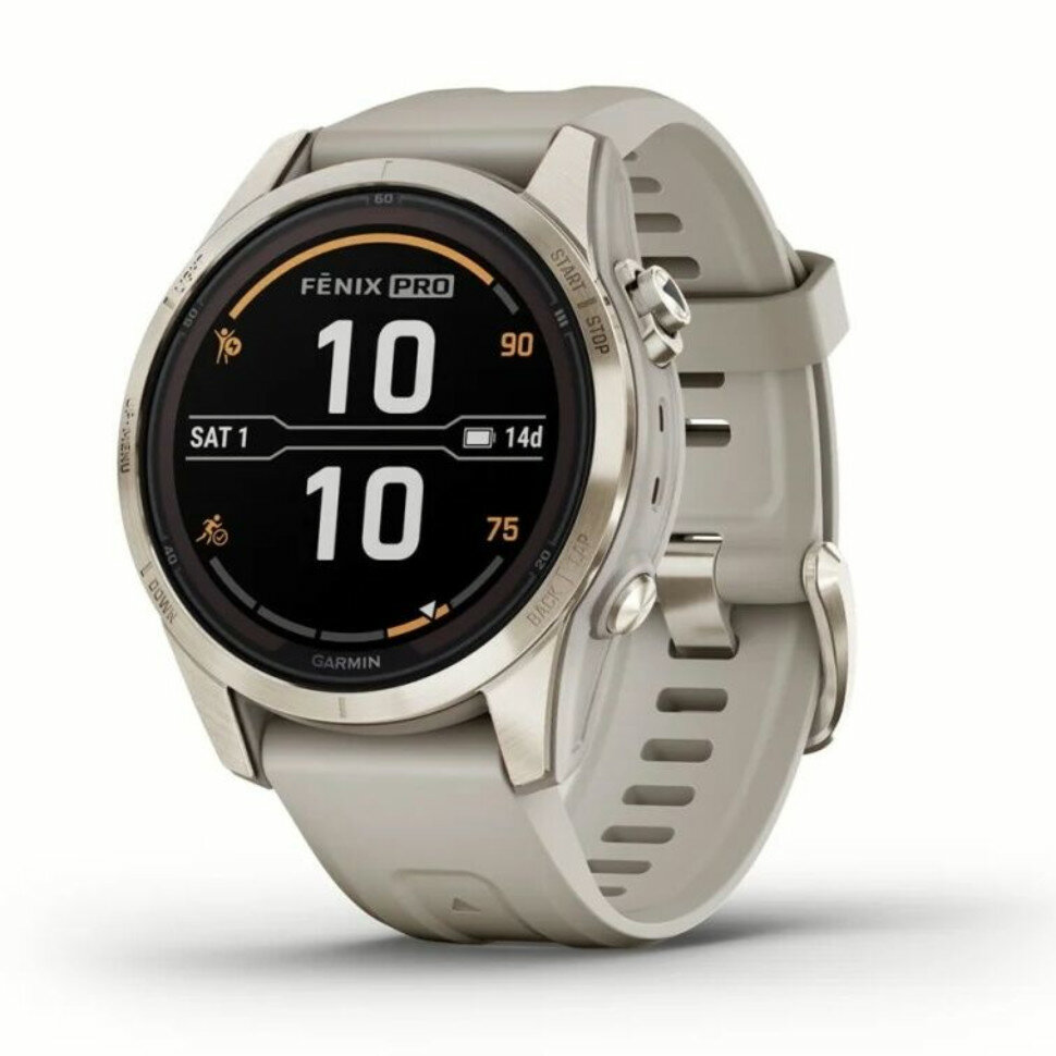 Смарт-часы GARMIN Fenix 7S PRO Sapphire Solar золотистый корпус со светло-песочным ремешком (Европейская версия, меню на Русском)