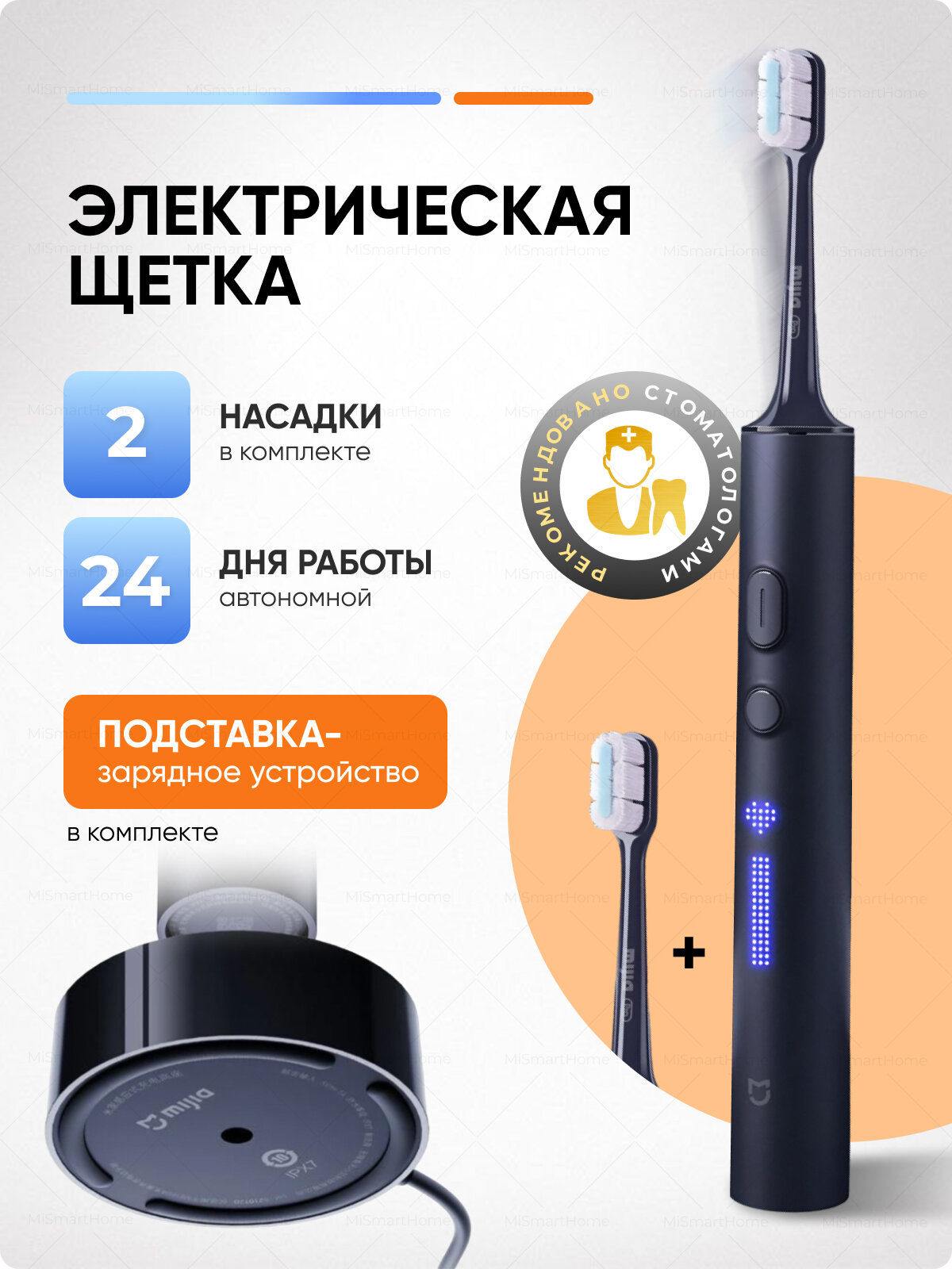 Электрическая зубная щетка Xiaomi, звуковая, Bluetooth, беспроводная зарядка, синий, CN