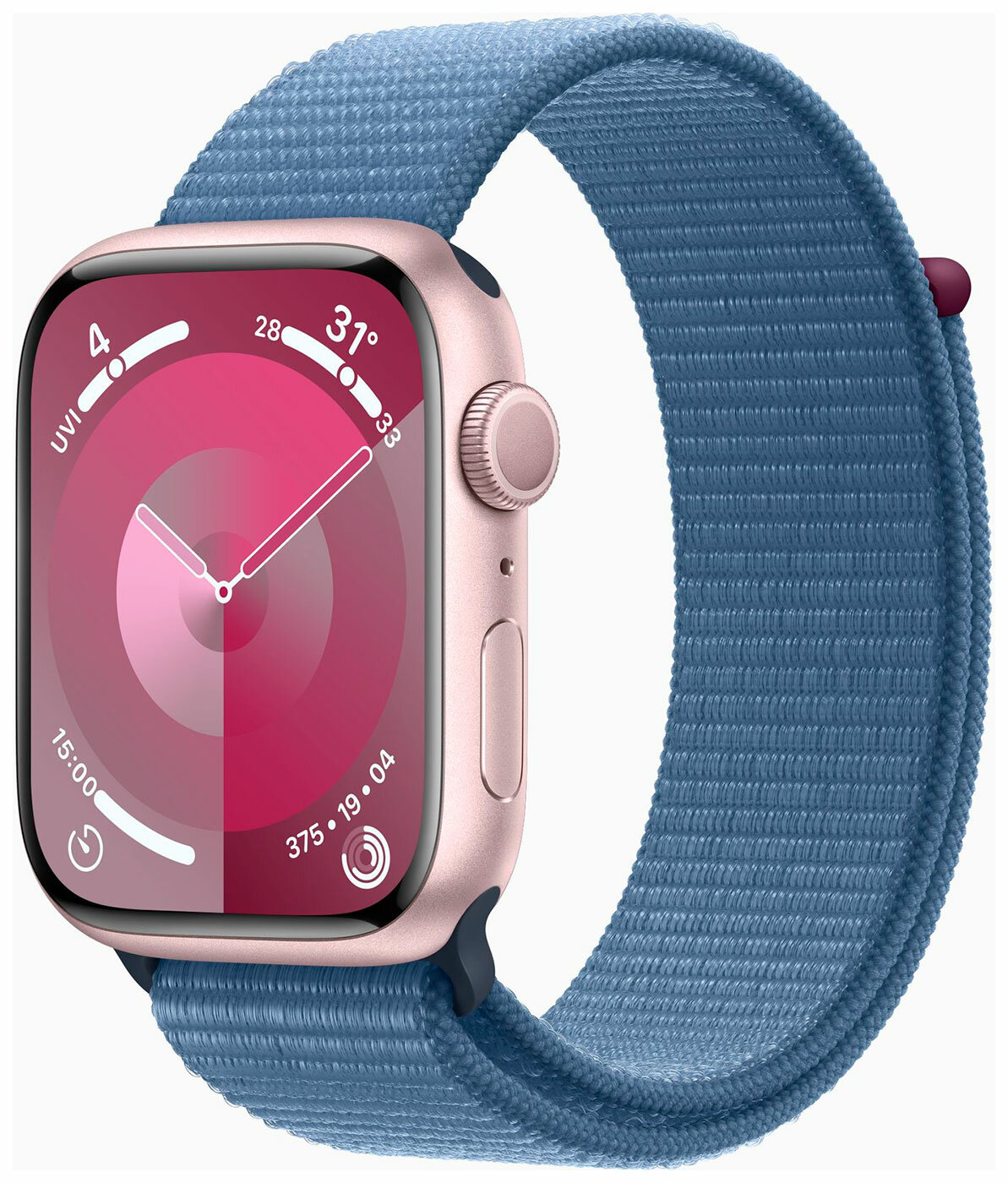 Умные часы и браслет Apple Watch Series 9, GPS, 45 mm, Silver Aluminium Case with Winter Blue Sport Loop, алюминиевый корпус розового цвета (MR9G3LL/A)