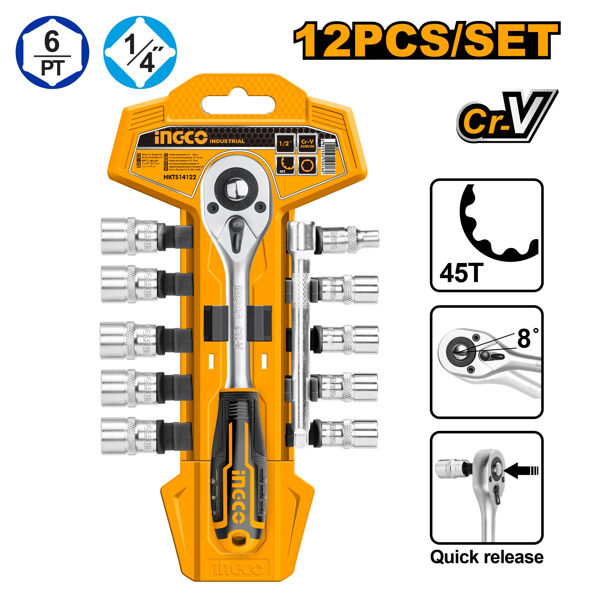 Набор торцевых головок с трещоткой INGCO HKTS14122 INDUSTRIAL 1/4" 5-14 мм 12 шт.