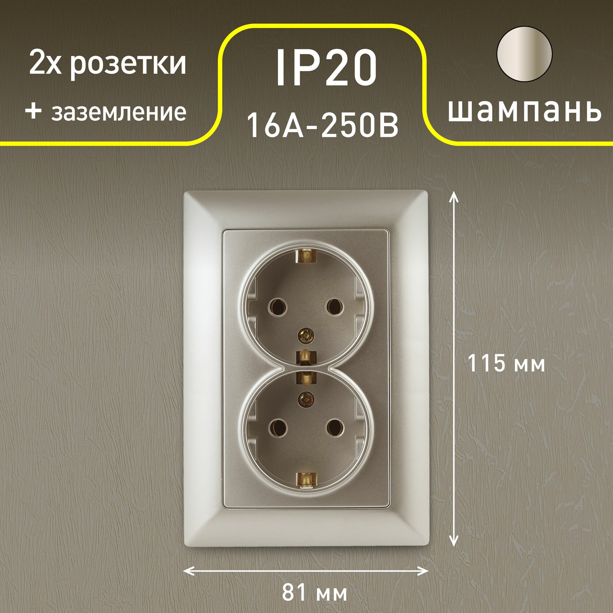 Розетка Intro Solo 4-205-04 с заземлением двойная 2X2P+E Schuko 16А-250В IP20 скрытой установки шампань — фото 1