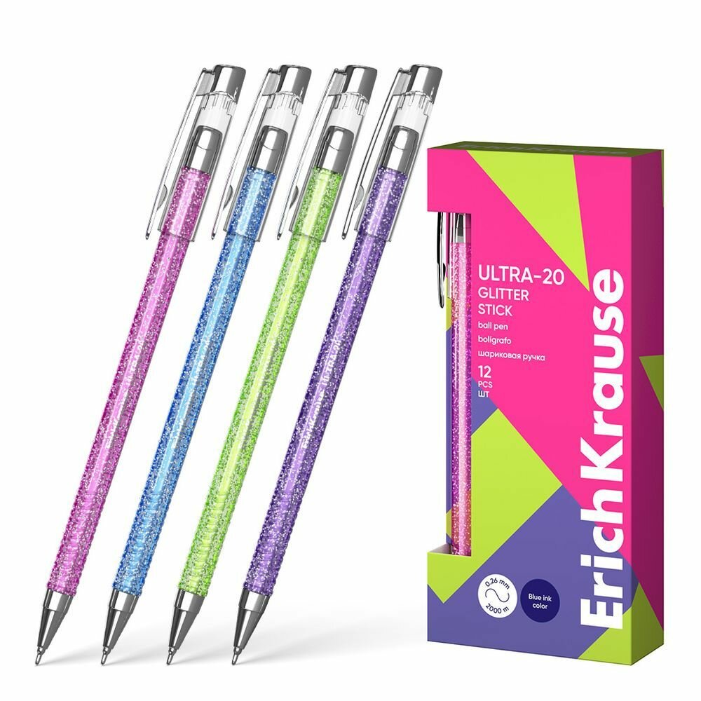 Ручка шариковая ErichKrause ULTRA-20 Stick Glitter 0.7, Super Glide Technology, цвет чернил синий (в упаковке 3 штуки)