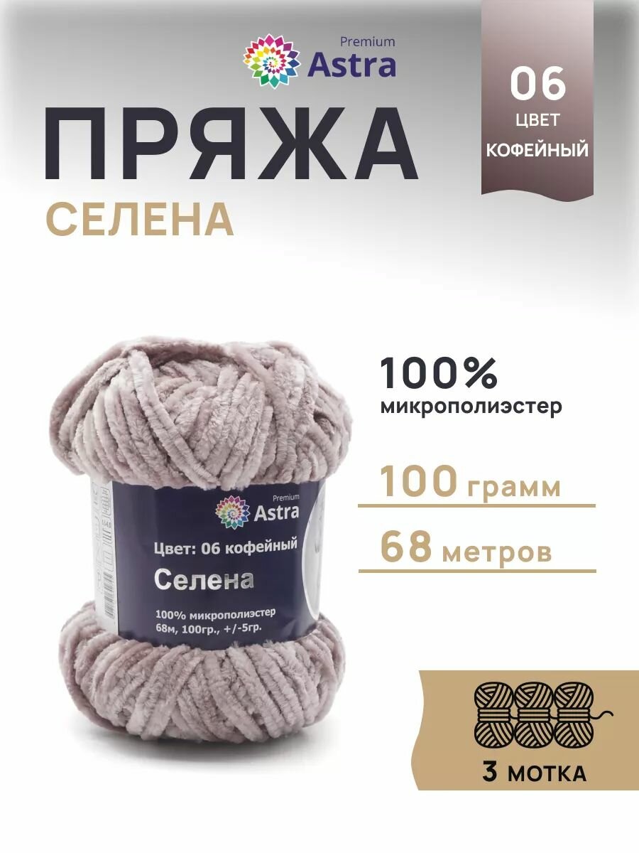 Пряжа для вязания Astra Premium 'Селена' 100г, 68м (100% микрополиэстер) (06 кофейный), 3 мотка