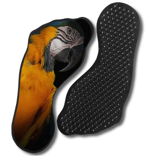 фото Доска с гвоздями садху для йоги с уф печатью, форма стопы (ноги), животные звери попугаи - 232, шаг 10мм чакра