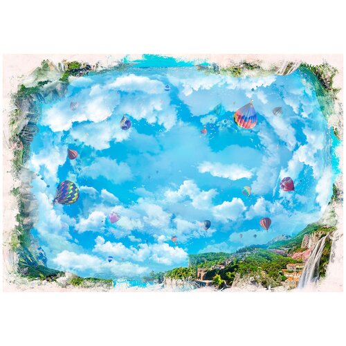 фреска уютная стена небо с парящими воздушными шарами 390х270 см единым полотном Фотообои Уютная стена Небо с парящими воздушными шарами 390х270 см Бесшовные Премиум (единым полотном)