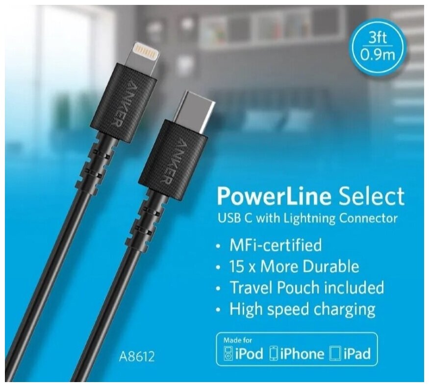 Кабель Anker PowerLine Select USB Type-C - Lightning 0.9 м цвет Черный (A8612H11) - фото №4