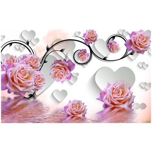 Фотообои Уютная стена 3D розы с сердцами 430х270 см Бесшовные Премиум (единым полотном)