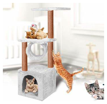 Домик для кошки с когтеточкой с тоннелем (ЭЦ) 35 x 35 х 93 см, комплекс с двумя лежаками для кошек серый - фотография № 1