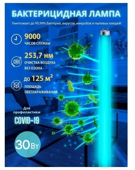 Лампа ультрафиолетовая бактерицидная Uniel EFL-T8-30/UVCB/G13/CL Спектр UVC 253,7нм. Картон. ТМ