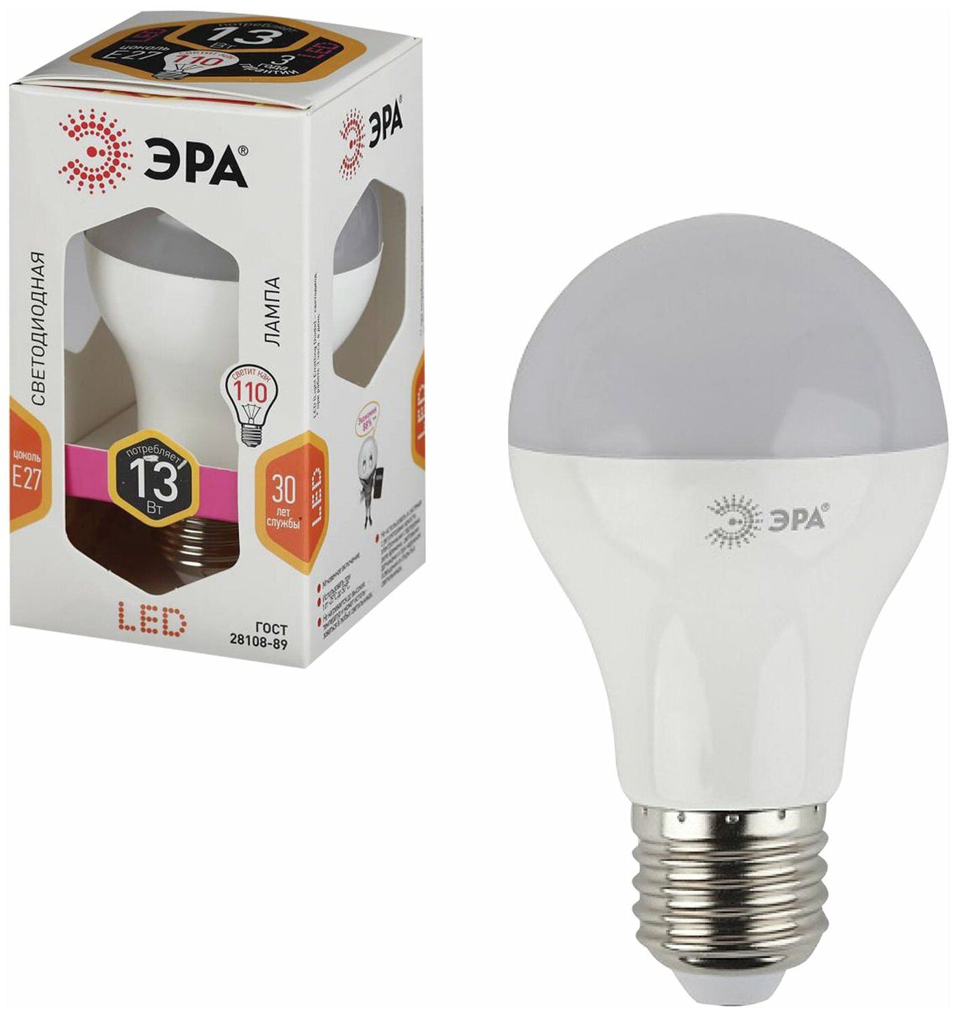 Лампа светодиодная ЭРА, 13 (110) Вт, цоколь E27, грушевидная, теплый белый, свет, 30000 ч., LED smdA65\A60-13W