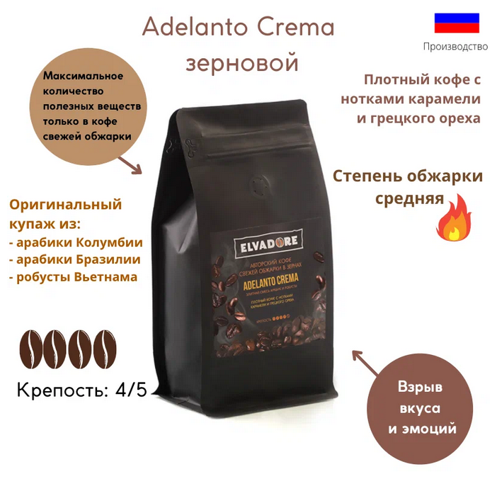 Кофе в зернах ELVADORE Adelanto Crema 1000г, свежая обжарка - фотография № 4