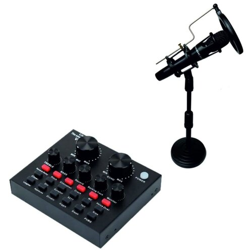 Конденсаторный микрофон E300 со звуковой картой микшер V8 на настольной стойке NVP-40 с кабелем XLR - jack 35 поп-фильтром и держателем микрофона в коробке 179800₽