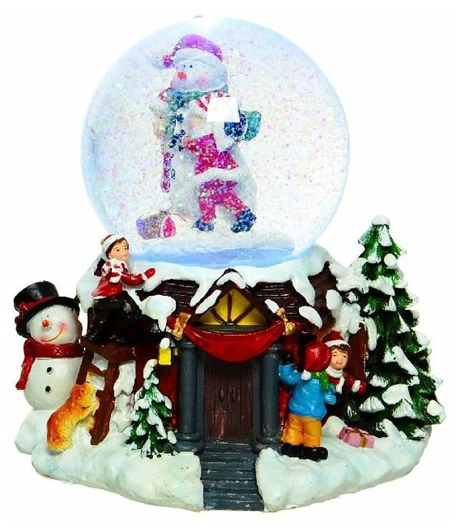 Kaemingk (Lumineo), Снежный шар музыкальный танец снеговика С детишками, 2 меняющих цвета LED-огня, динамика, снежный вихрь, 21 см, батарейки 483363-снеговик