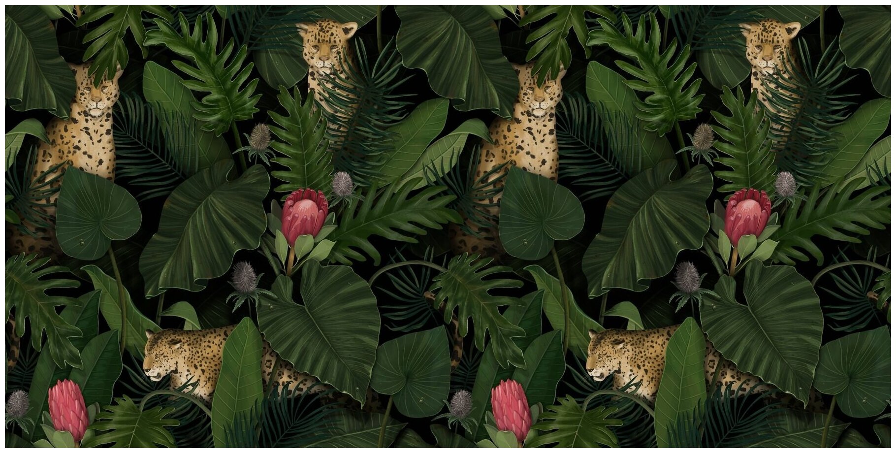 Флизелиновые фотообои Уютная стена "Тропический паттерн с леопардами" 540х270 см с текстурой Песок