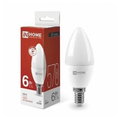 Лампа светодиодная LED-СВЕЧА-VC 6Вт свеча 4000К нейтр. бел. E14 570лм 230В IN HOME 4690612020396