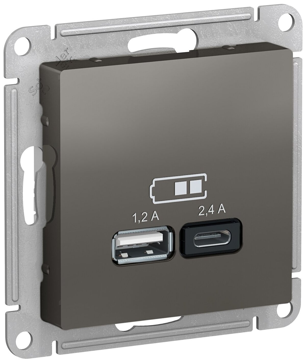 Розетка USB ATLASDESIGN A+С, 5В/2,4 А, 2х5В/1,2 А, механизм, сталь () SCHNEIDER ELECTRIC ATN000939 (1 шт.)