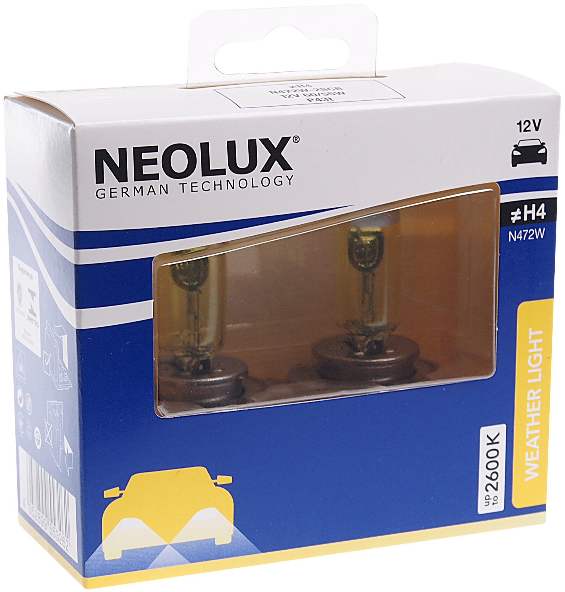 Н4 12V (55W) Лампа Neolux® Weather Light 2600K, Двойной Картонный Бокс Neolux арт. N472W-2SCB