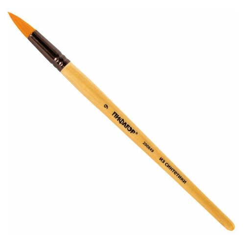 Кисть пифагор синтетика круглая № 9 деревянная лакированная ручка с колпачком пакет с подвесом, 10 шт